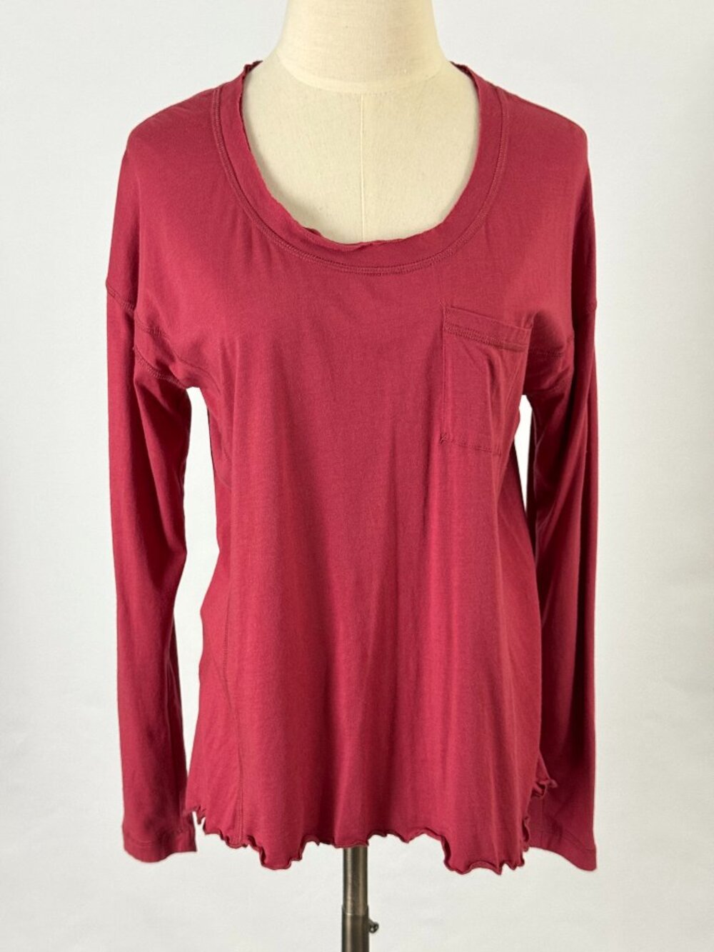 Sundance Red Long Sleeve Pocket Tee T-Shirt Lettuce Hem Cotton Modal Relaxed